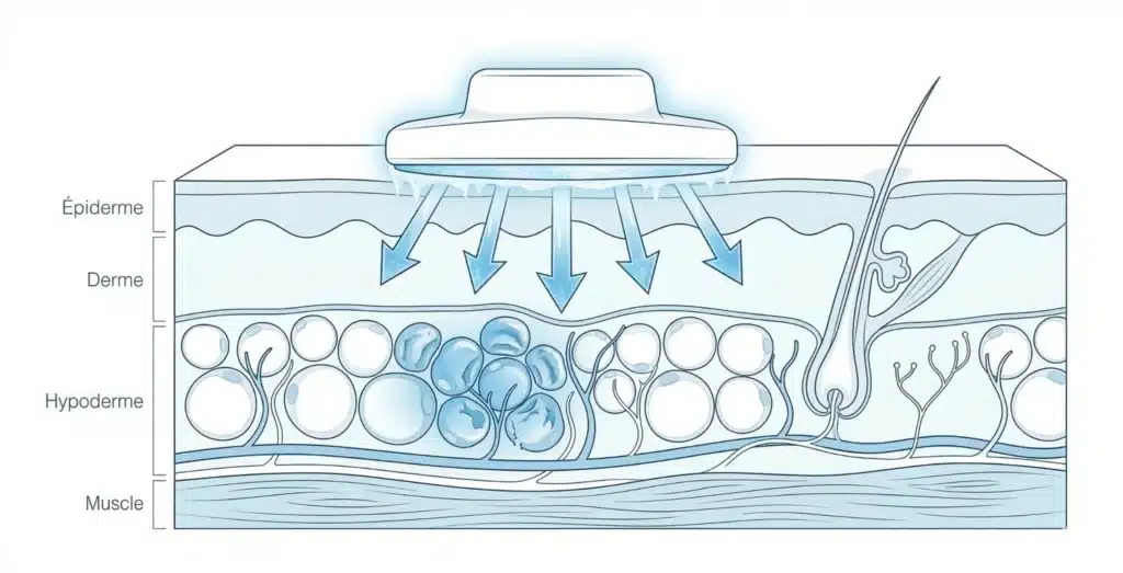 schéma du principe de la cryolipolyse montrant le refroidissement des cellules graisseuses